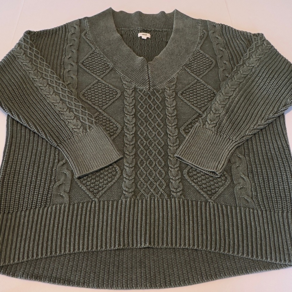 Aerie Sage Green Cable Knit V-Neck Sweater Women's Large Cotton Oversized Earthy - Picture 8 of 10